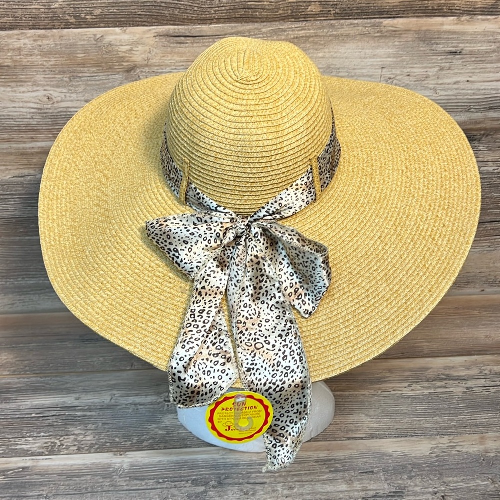 Jacobson Hat Ladies Natural Sun Hat Wide Brim Hat Cheetah Print Scarf  NWT